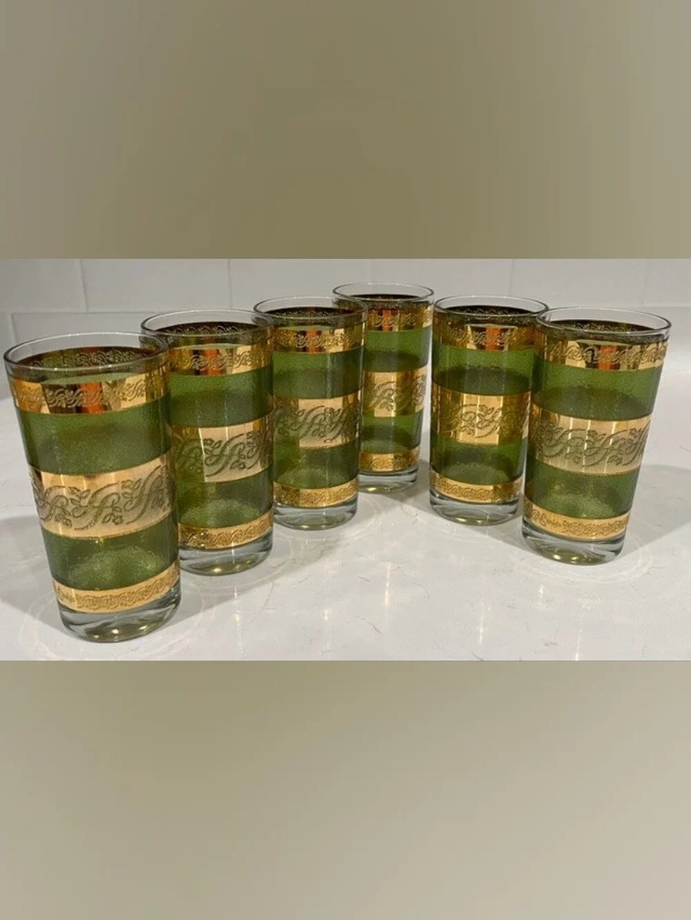Vintage‎ MCM Starlyte Green & 22k Gold Scroll Highball Glasses - Set of 6 EUC